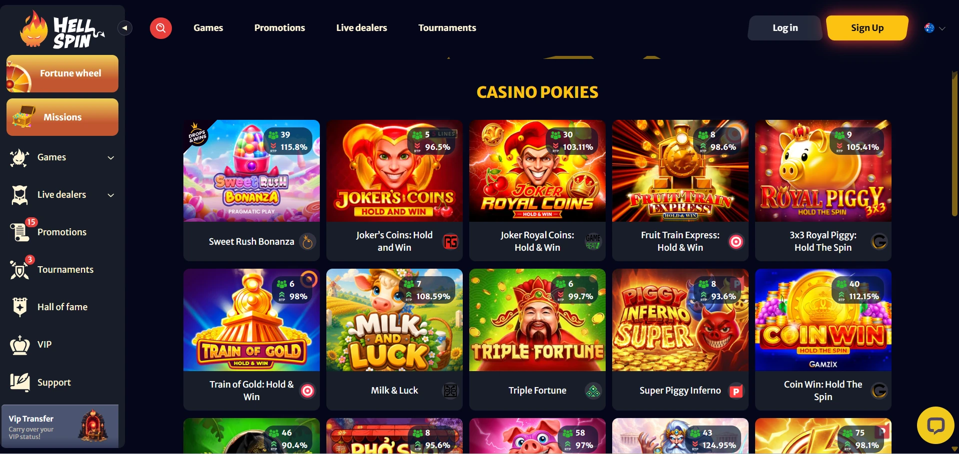 Hell Spin game lobby with game icons