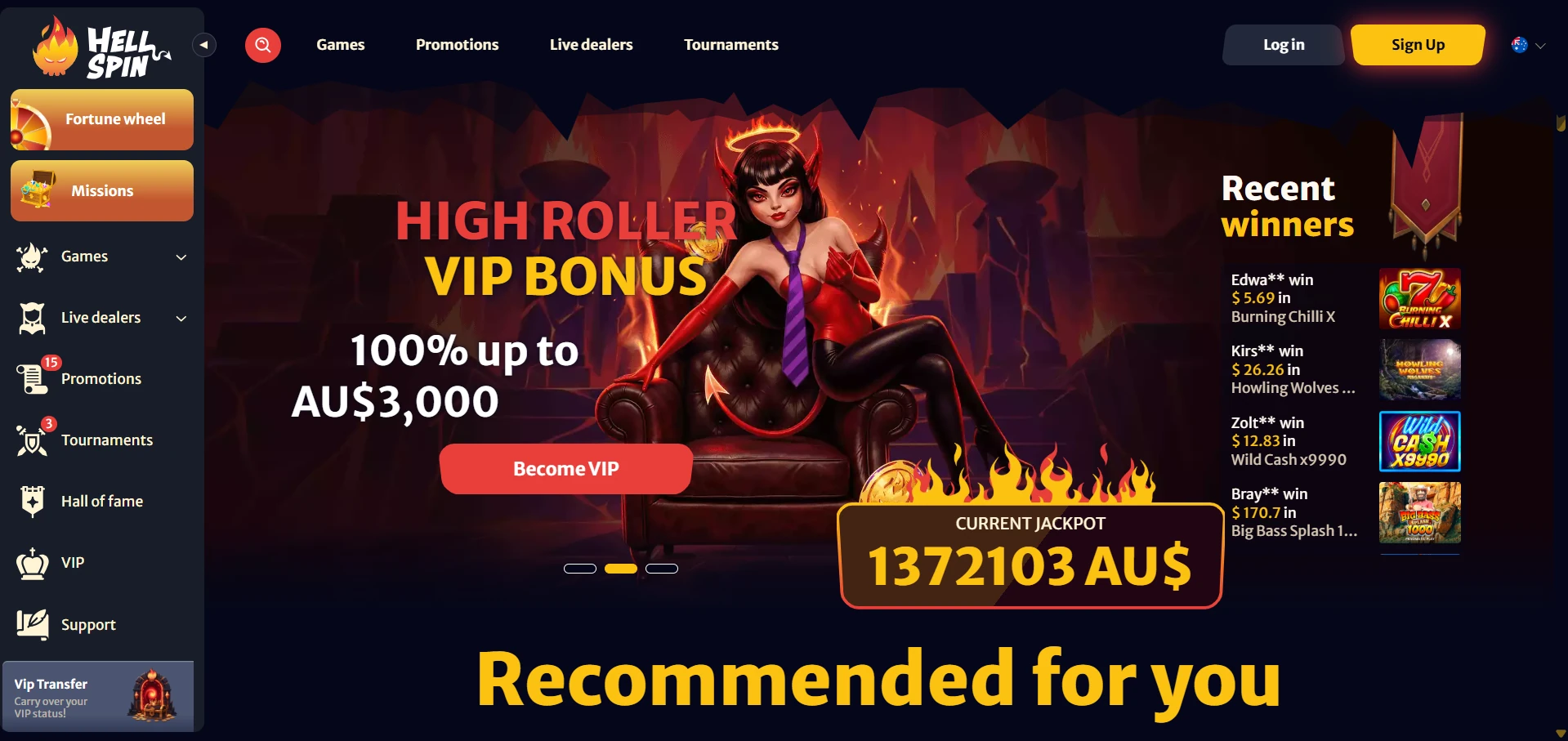 Hell Spin Casino home page as it opens for Australian visitors